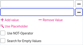 A search field which has been expanded by "add value" with a second input field below where this can be undone by "remove value"