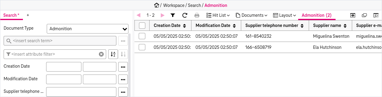 Search fields on the left with results in a hit list on the right