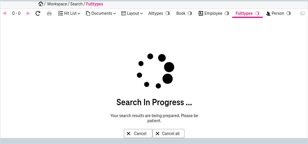 hit list with search progress wheel and buttons Cancel and Cancel all