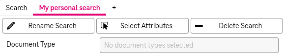 Personalized search with the following elements: 1) Add new personalized search via plus symbol in upper right, 2) Rename personalized search 3) Select attributes to add search fields () You can see added search fields in the bottom 4) Delete search 