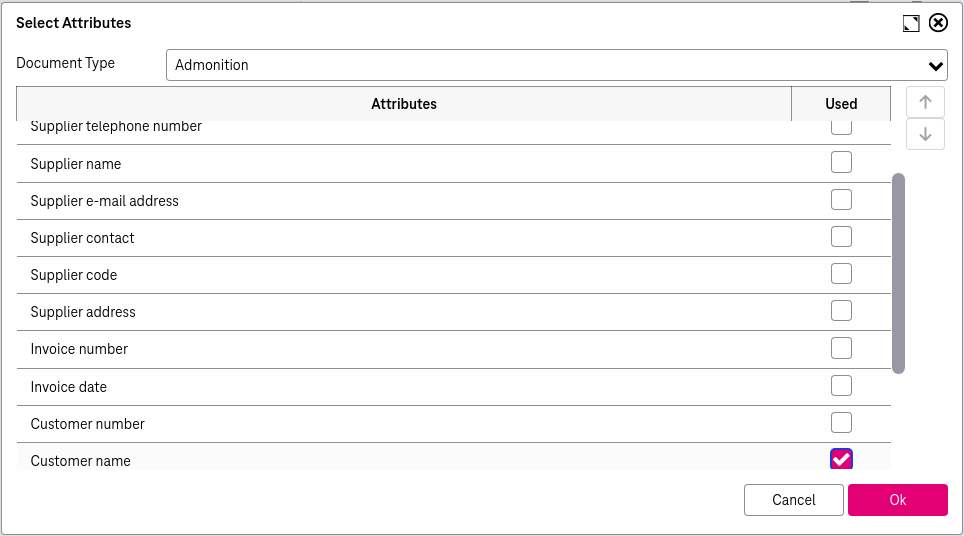 Elements from top to bottom: change the order of attributes by moving a selected field up and down with the corresponding arrows pointing up and down, activate the fields to be displayed via the check box located to the right of eacht attribute entry