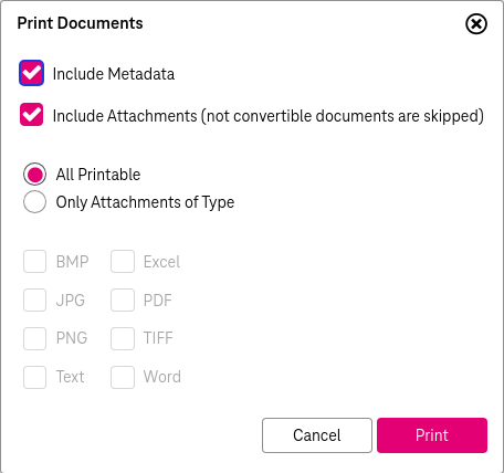 Elements from top to bottom: check box "Include Metadata"; check box "Include Attachments" with hint "not convertible documents are skipped"; choice via radio button "All printable" or "Only Attachments of Type"; list of file types to select from in case of printing only documents of specific types; buttons to print and cancel