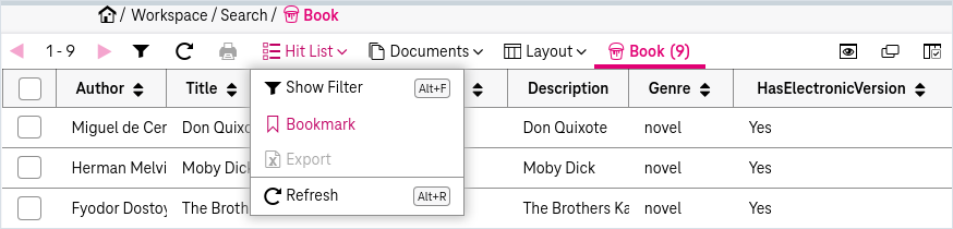 Hit list drop down menu with the selected entry "Search Bookmark"