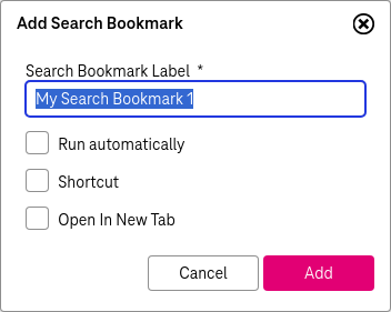 Dialog for adding a serach bookmark with field for entering name, "Run automatically" and "Shortcut" boxes and buttons for adding and canceling the process.