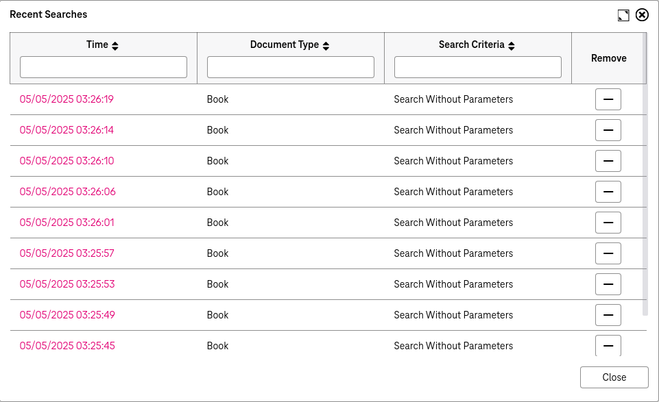 An entry of a previously opened document showing the date and time when the document was opened with a minus icon near each entry to delete