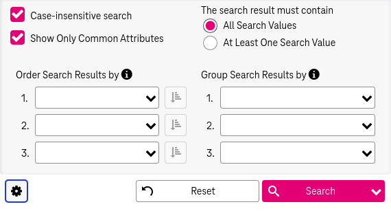 Activated check box for case-insensitive text search with active radio button "all search values" below. The alternative radio button "at least one search value" is not active. Three drop down fields are located on the right to select attributes for ordering the search results.