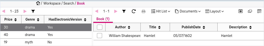 Hit list with search results and panel in the left side of the window with the search results grouped by the attributes arranged in the list
