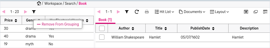 Hit list with search results and panel in the left side of the window with the search results grouped by the attributes arranged in the list and the button to Remove the attribute from grouping