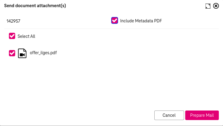 View of document attachments that can be selected via check boxes optionally including metadata and buttons in the bottom to prepare mail  or cancel