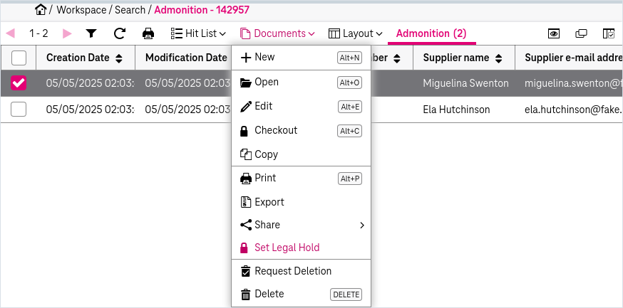 A marked entry in a hit list ovelain by the opened drop down menu "Documents" located on top that includes the entry "Set Legal Hold"