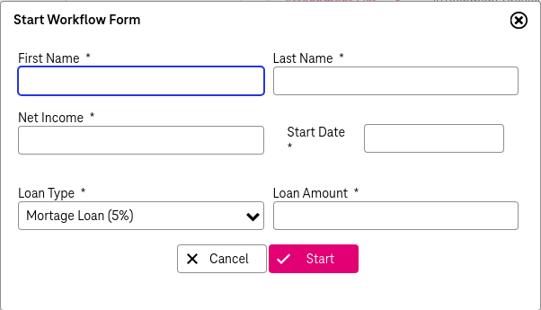 Start workflow overlay window with parameters to be filled and buttons  "cancel" and "start"