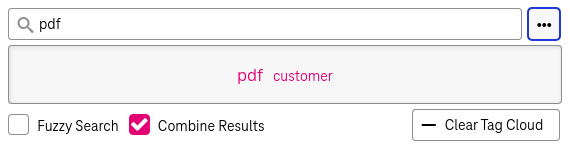Recentrly used search terms panel with entries that represent recently used search terms differing in size, where larger entries were used more often, and a button below labelled "clear tag cloud" to remove these.