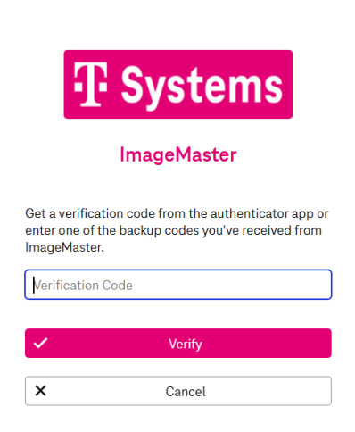 Elements from top to bottom ImageMaster logo; Information "Get a verification code from the authenticator app or enter one of the backup codes you've received from ImageMaster."; input field for verification code; button "Verify"; button "Cancel"