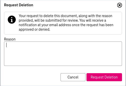 Request deletiondialog with input filed for entering reason and buttons Request Deletion and Cancel in the bottom