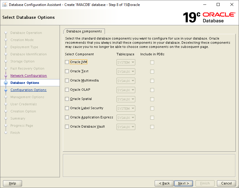Dialogue sequence for database creation in Oracle 19c