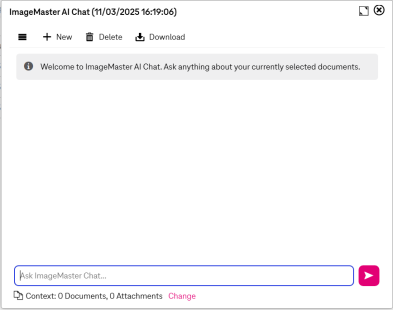 The ImageMaster AI Chat panel opened from the Search workspace showing a welcome message and an empty input field for entering questions.