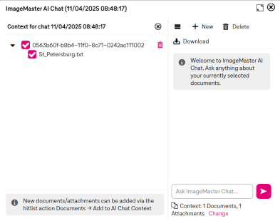 The AI Chat panel showing the current chat context with an information message explaining how to add documents or attachments.