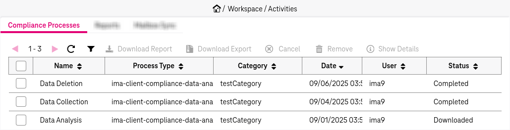 GDPR processes  hit list with some columns and results