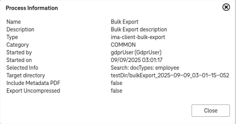 Compliance processes detailed information arrenged in a table with the button close in the bottom