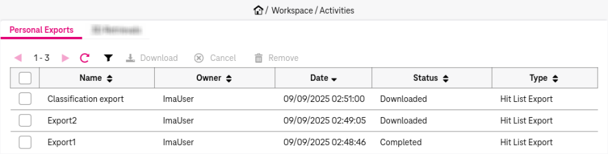 List with an entry that shows name, owner, date,  status  and type of a personal export that was downloaded