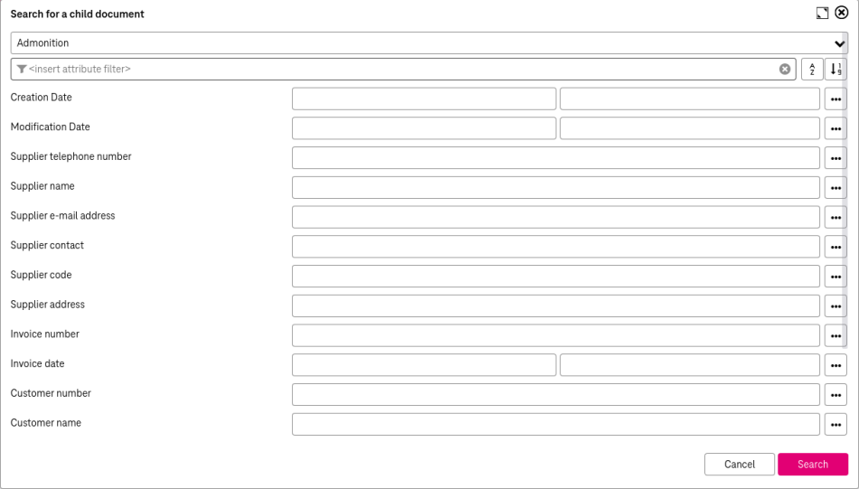 Search view to search over documents to select a child documents opened in an overlay window