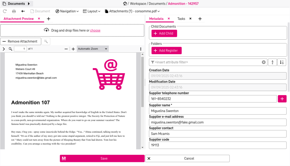 On the left: Attachment preview; on the right: belonging attributes with their values and the button "Add Child" on top