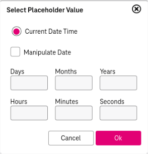 Dialog for selectiong placeholder for date/dateTime  attribute with selected option "current date" and manipulated date "plus 7 days" and "minus 10 month"