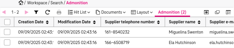 Result list of a search with differently combined search terms