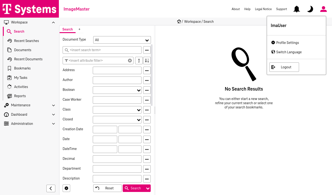 Basic page structure with sliding navigation menu on the left, static functional bar on top, and a context-dependent workspace with a sliding search panel in the right (below the static functional bar)