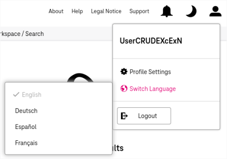 Expanded 'Settings' menu with selected "Switch Language" option on the right and language selection on the left with entries for the supported languages English, German, Spanish, French, Chinese (each in their native language) on the left