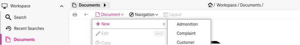 Workspace for documents with pull down menu "Document" and menu item "New" with available document types