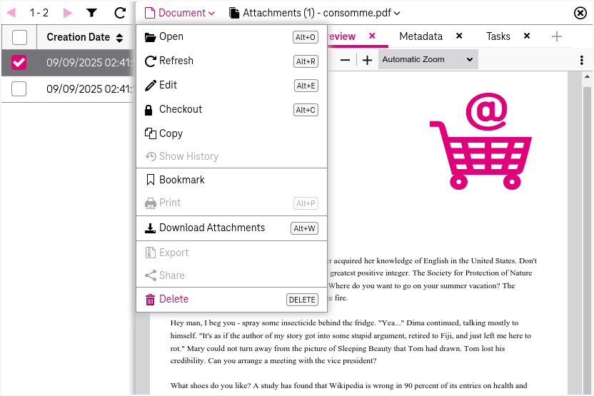 Function "Delete" in menu "Edit" located on top of a document  preview