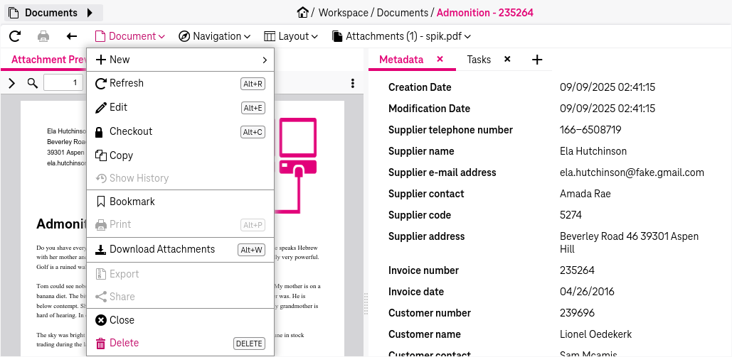 Function "Delete" in menu "Edit" located on top of an opened document view