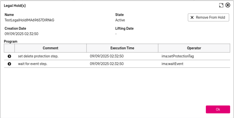 One Legal Hold of the document with legal hold name in drop down list, creation date below, button to remove document from this hold in upper right and further status information below on the associated program consisting of operators 