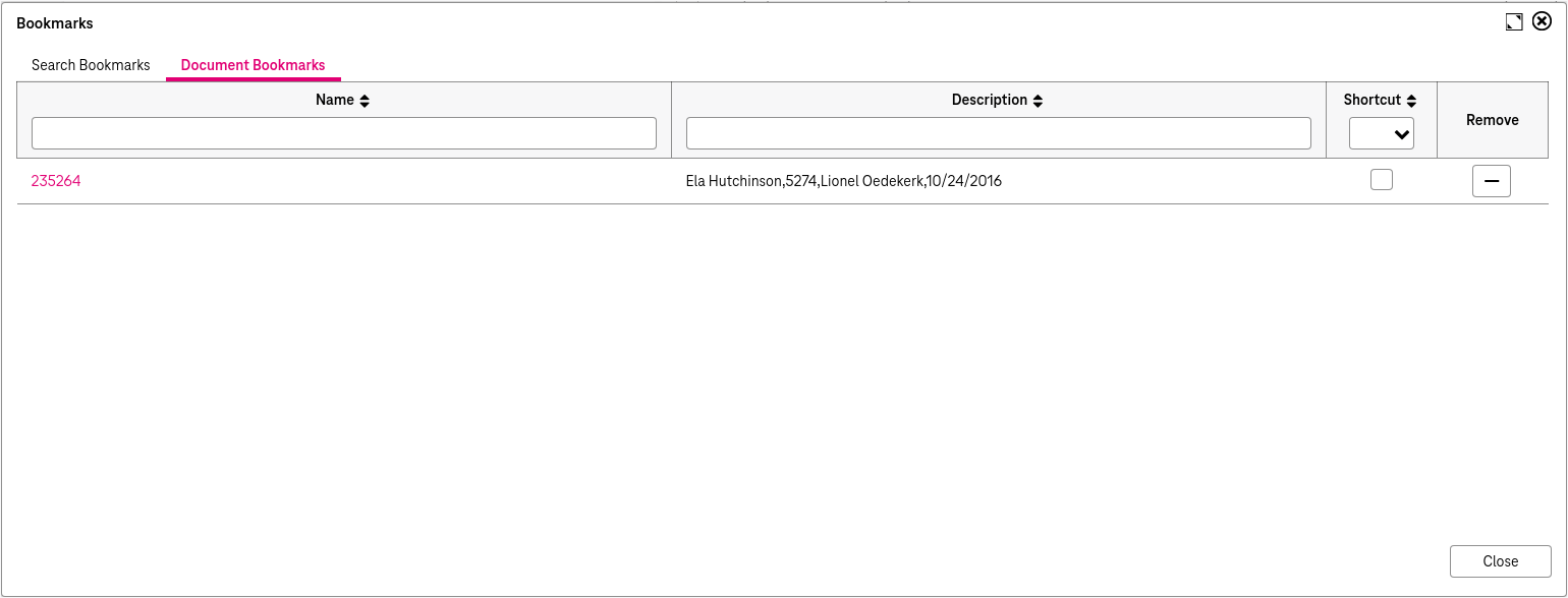 Document bookmarks overlay window with the list of existing bookmarks with shortcut checkbox, minus buttons to remove a bookmark and with Ok button to close the window