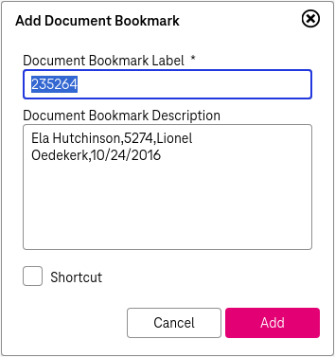 Document bookmark creation dialog with the following fields to be adjusted: doccument bookmark label, document bookmark description, box "Shortcut" and buttons Add and Cancel in the bottom