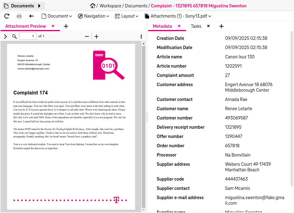 Document view with current document header on top, actions below, and below this an area starting from left to right with attachment list, preview of attached files, document attributes with file panel on top