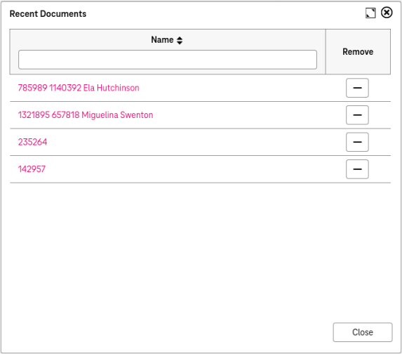 Example document history entries with numerical IDs, minus icons for each entry and "Close" button below