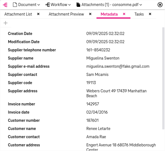 Document preview with the following elements displayed from top to bottom: document, workflow menus, attachment list, attachment preview panel, tabs for attachment preview, metadata (active) and tasks 