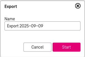 Export dialog with elements from top to pbootom: preset default name, checkbox to "Include attachments", buttons "Start" and "Cancel"