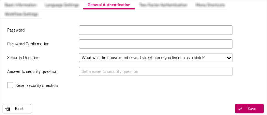 General Authentication selected on the left, which shows fields for password, password confirmation, security question and answer to security question on the right