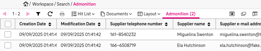 Elements in upper area of hit list from left to right: triangles pointing left and right for moving to previous and next page; multiple actions in a bar; to the right of the action bar: show or hide columns; below the action bar: head column cells that can be used for sorting and filtering