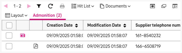 Entries in a hit list with an example document type marker
