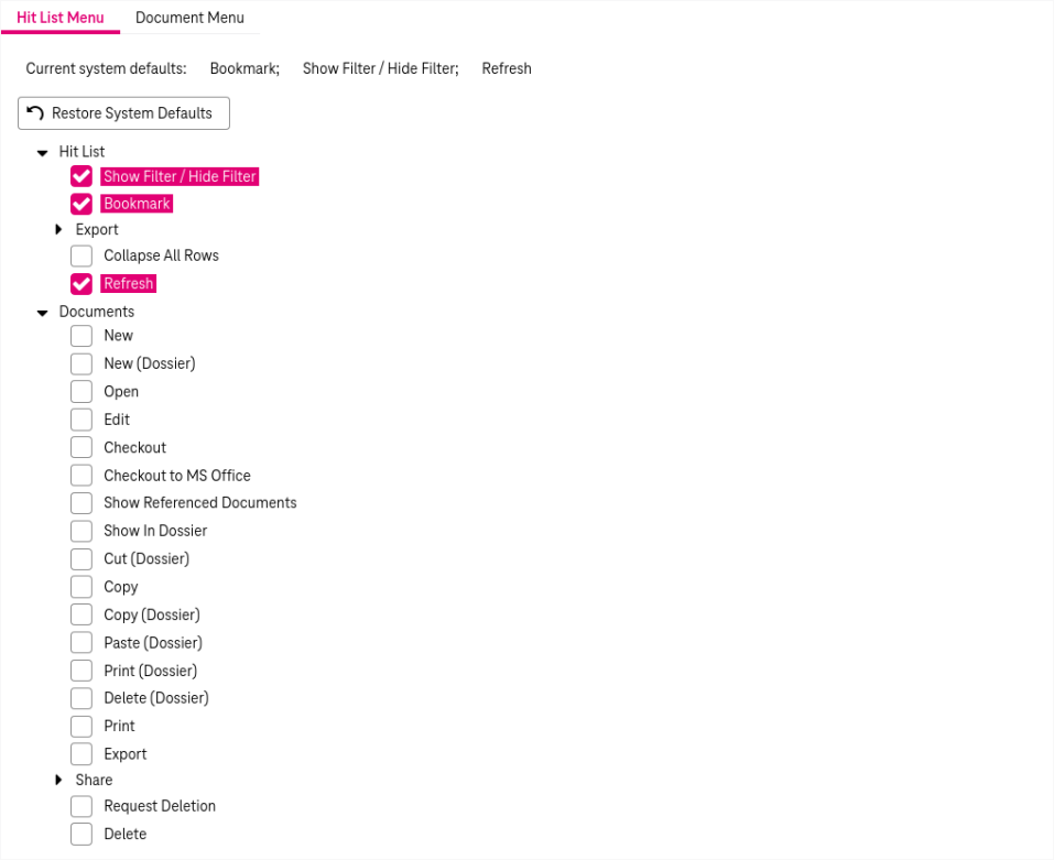 Expanded panel "hitllist menu" with the list of all actions avaliable in the menus in the hitlist view and checkboxes for each action  for defining shortcuts