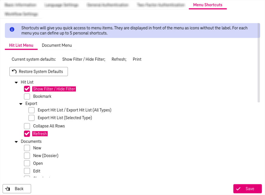 Collapsed "hitlist menu" and "document menu" panels for shortcuts configuration, button "save"