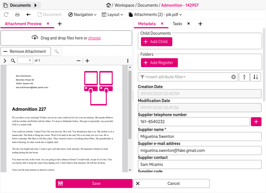 Modifiable document attributes in the right bottom area and buttons to save or cancel in the bottom center
