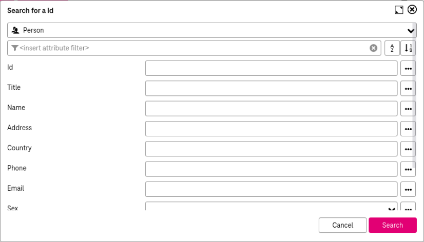 Search window with input fields for entering attributes and buttons "search" and "cancel" in the bottom