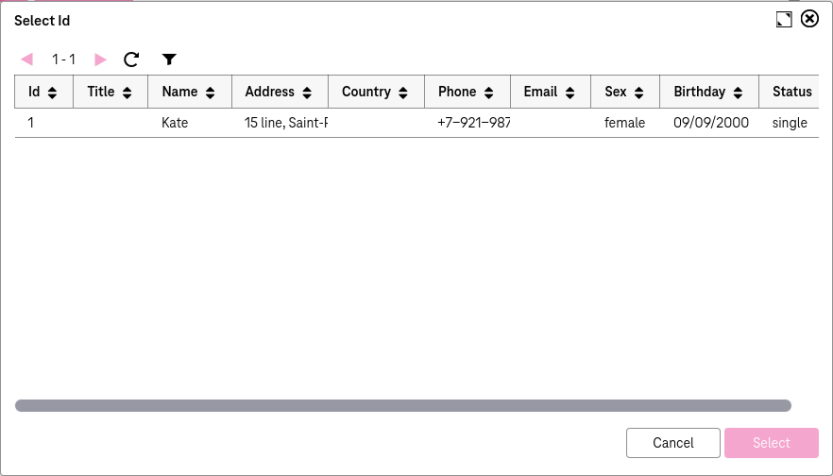 Search results for the connecting attribute arrabged in a list with butons for filtering, navigating and refreshing in the top anв buttons "select" and "cancel" in the bottom