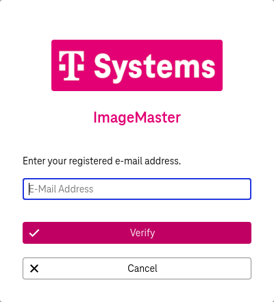 Input field for mail address and buttons to verify or cancel below