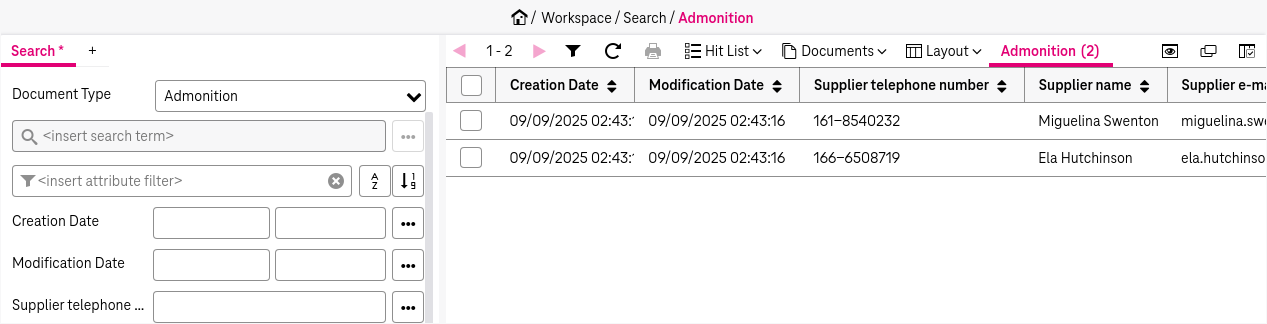 Search fields on the left with results in a hit list on the right